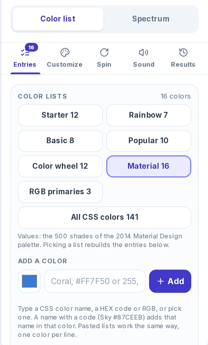 Panel of the color picker wheel with the Color list and Spectrum switch, the eight color lists with Material 16 selected, a note that its values are the 500 shades of the 2014 Material Design palette, and the Add a color box with a color square, a text field and an Add button.