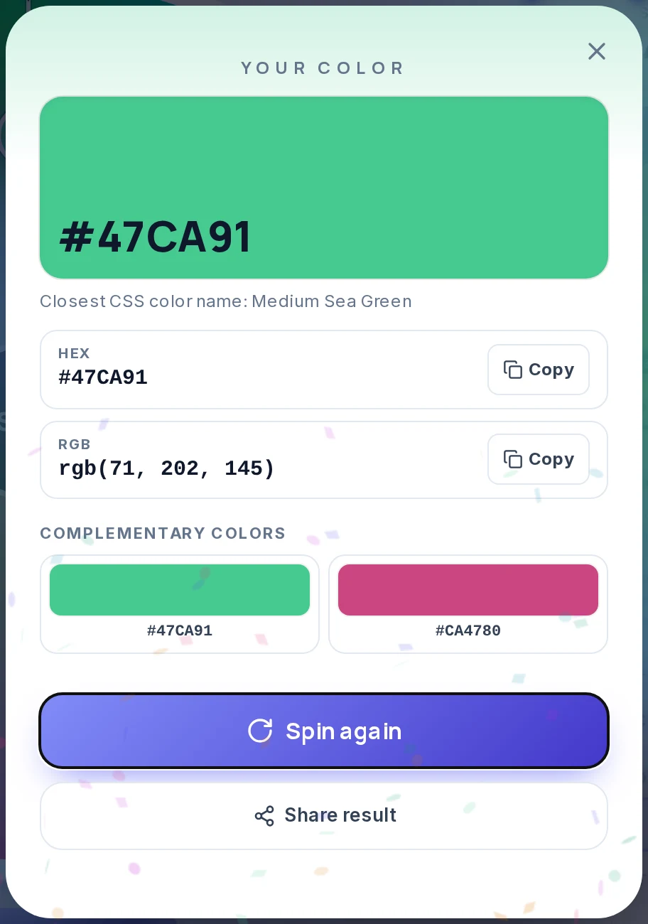 Result card of the Spectrum mode with a green swatch titled #47CA91, the line Closest CSS color name: Medium Sea Green, HEX and RGB rows with Copy buttons, a pair of complementary swatches, and Spin again and Share result buttons.