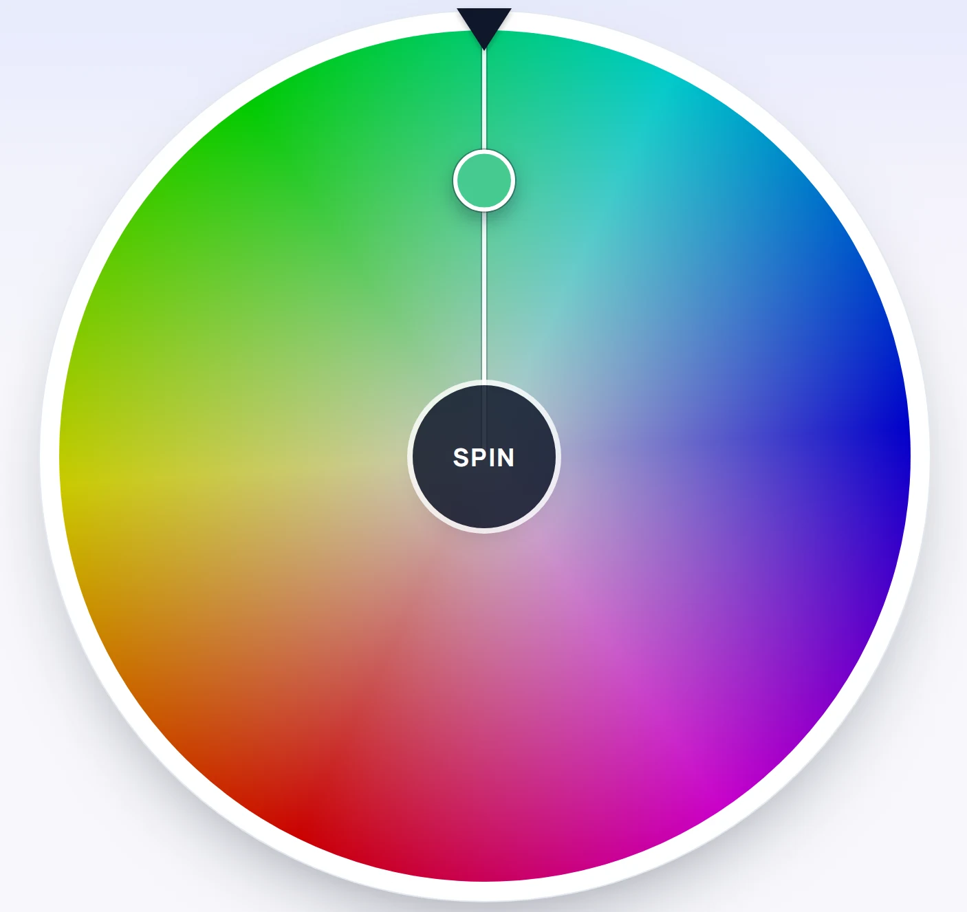 Color disc of the Spectrum mode after a spin, with hue around the circle, white at the center, a dark pointer at the top and a dot on the pointer line sitting on a medium green.