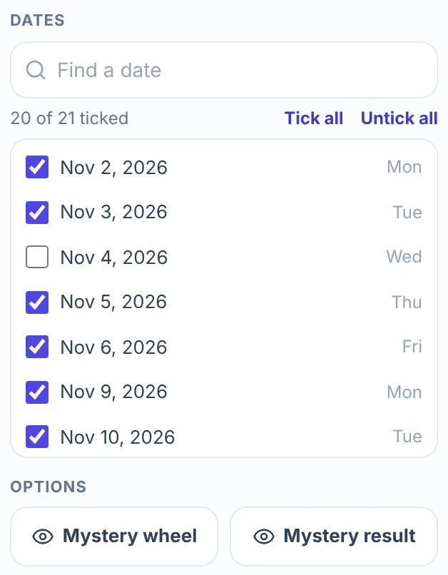 The Dates block of the date picker wheel: a Find a date search box, the line 20 of 21 ticked with the links Tick all and Untick all, a list of dates from Nov 2, 2026 to Nov 10, 2026 with a weekday beside each and Nov 4, 2026 unticked, and the Mystery wheel and Mystery result buttons under Options.