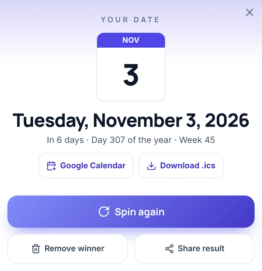 Result card of the date picker wheel with the heading Your date: a calendar page showing NOV and 3, the text Tuesday, November 3, 2026, the line In 6 days, Day 307 of the year, Week 45, the links Google Calendar and Download .ics, and the buttons Spin again, Remove winner and Share result.