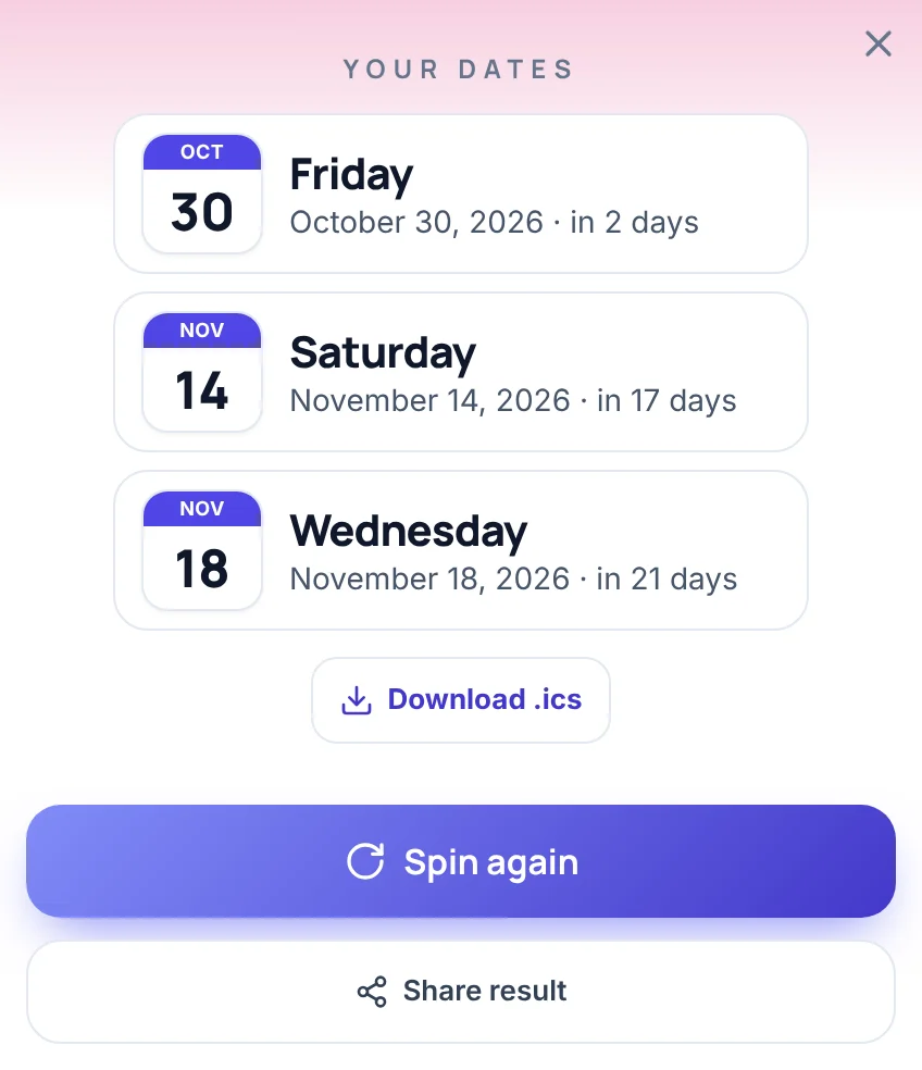Result card of the date picker wheel with the heading Your dates and three rows, each with a small calendar page: Friday, October 30, 2026, in 2 days; Saturday, November 14, 2026, in 17 days; and Wednesday, November 18, 2026, in 21 days, above the Download .ics link and the buttons Spin again and Share result.