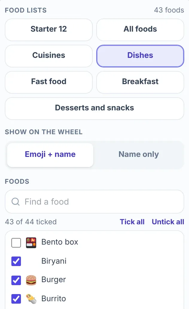 Food lists panel of the food picker wheel with Dishes pressed, "43 foods" at the top, Show on the wheel set to Emoji + name, a Find a food box, the line "43 of 44 ticked" with Tick all and Untick all, and the first foods of the list: Bento box unticked, Biryani, Burger and Burrito ticked.