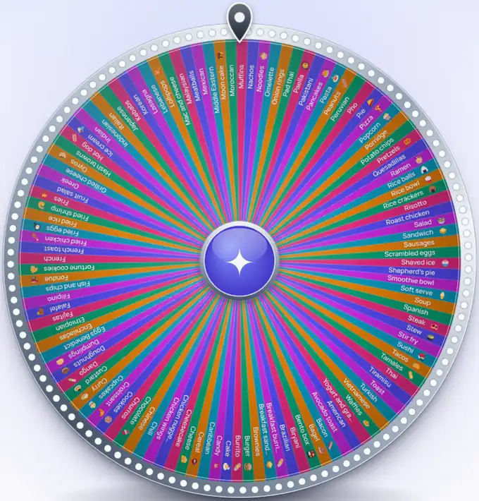 Food picker wheel with all 120 foods on it: very thin colored slices, each with a food name in small type and, for most, a small picture, with a few long names cut off.