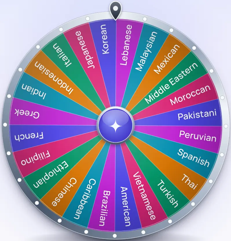 Food picker wheel with the 24 cuisines, among them Korean, Lebanese, Mexican, Thai, Turkish and Italian, each slice showing the full name in large type.