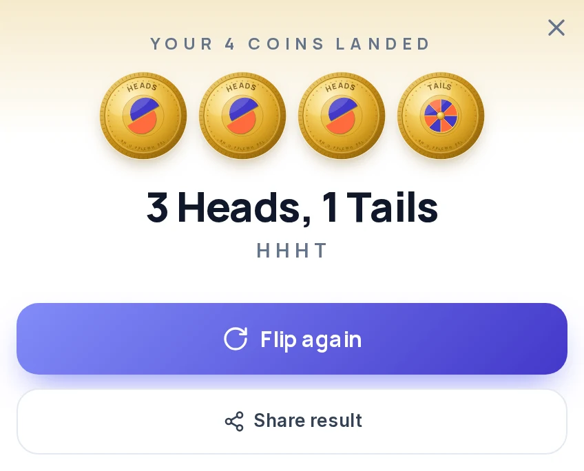 Result card of the heads or tails generator after flipping four coins: the heading Your 4 coins landed, three Heads coins and one Tails coin, the count 3 Heads, 1 Tails, the letters H H H T, and the buttons Flip again and Share result.