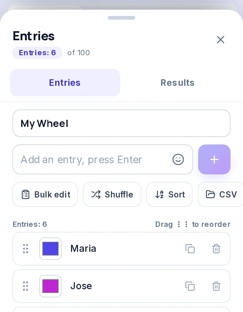 The Entries panel on a phone, with a box to add an entry, a Bulk edit button and the names on the wheel
