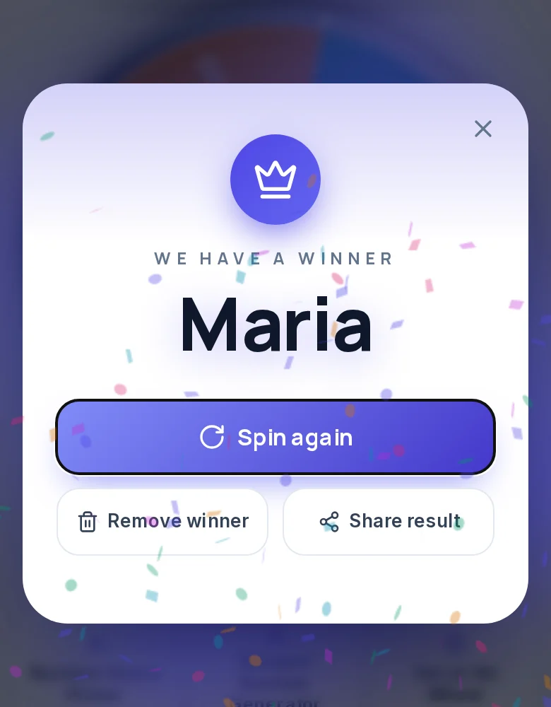 The winner pop up on a phone showing Maria, with Spin again, Remove winner and Share result buttons