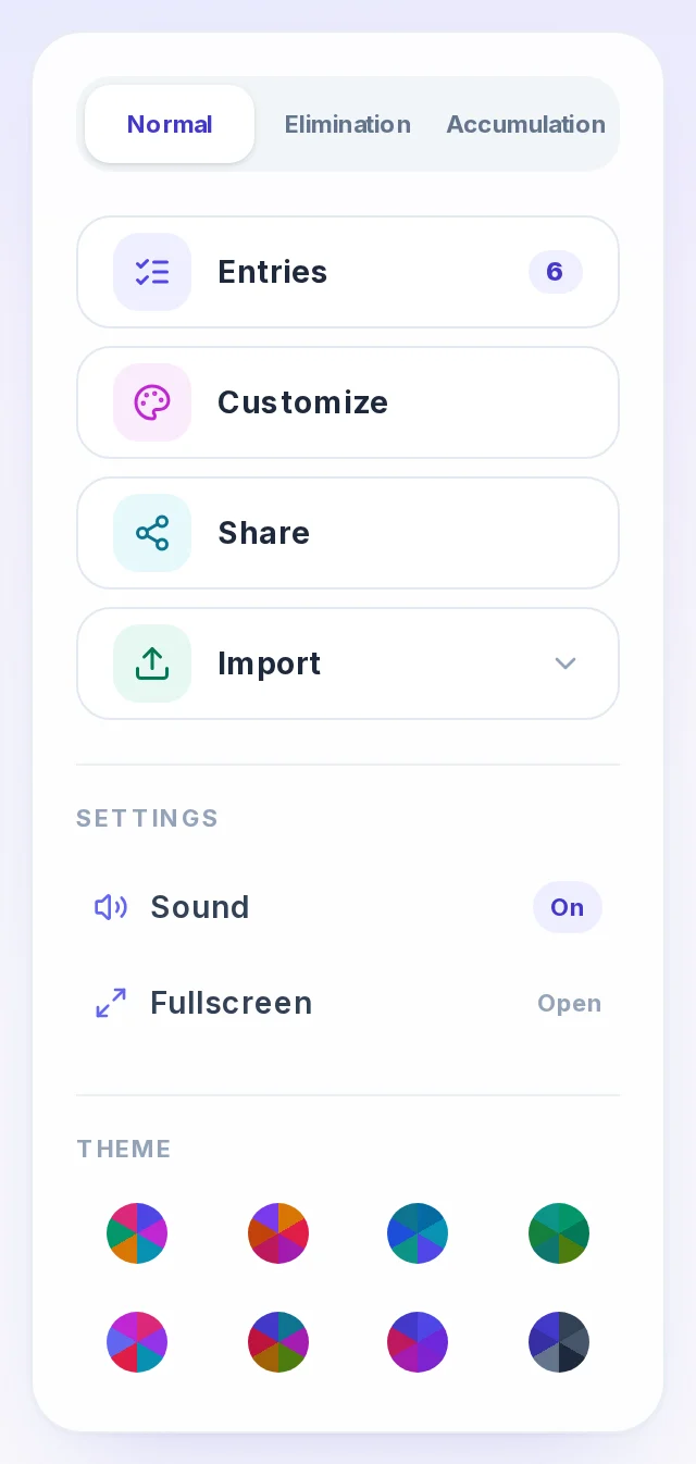 The wheel controls on a computer: spin modes, Entries, Customize, Share, Import, sound, fullscreen and themes
