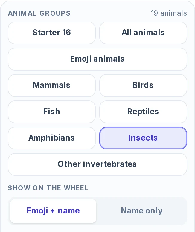 Animal groups panel of the random animal generator with the Insects button selected and the count 19 animals, and the Emoji + name and Name only choice under Show on the wheel.