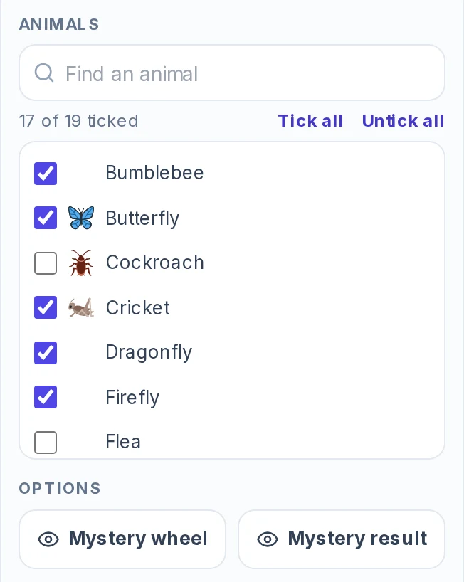 Animals list of the random animal generator with a Find an animal search box, the line 17 of 19 ticked with Tick all and Untick all links, a list of insects in which Cockroach and Flea are unticked, and the Mystery wheel and Mystery result buttons below.