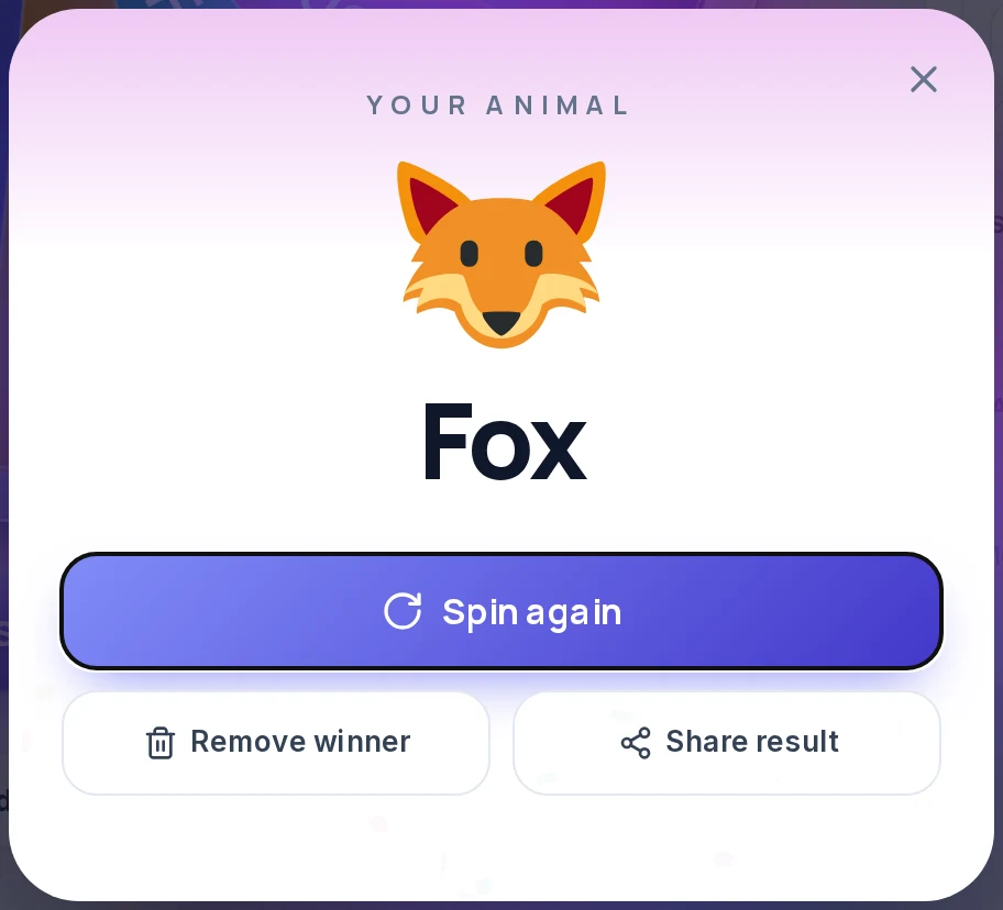 Result card titled Your animal with a fox emoji and the name Fox, above the buttons Spin again, Remove winner and Share result.