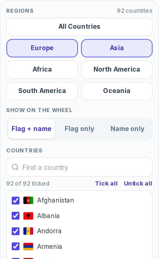 Entries panel of the random country generator with Europe and Asia pressed and "92 countries" at the top, Show on the wheel set to Flag + name, a Find a country box, the line "92 of 92 ticked" with Tick all and Untick all, and the first countries of the list (Afghanistan, Albania, Andorra, Armenia) with flags and tick boxes.