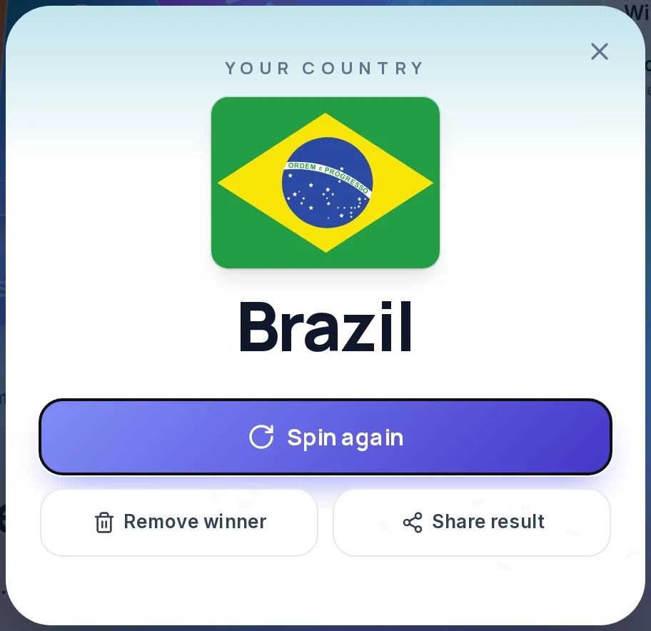Result card of the random country generator reading "Your country", with the flag of Brazil, the name Brazil, and the buttons Spin again, Remove winner and Share result.