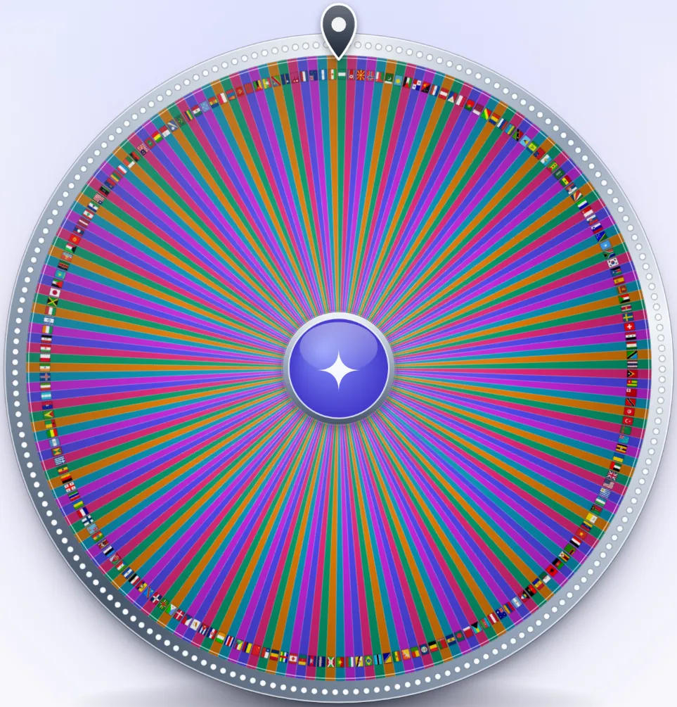 Random country wheel with all 195 countries: very thin colored slices with a small flag along the rim of each and no names.