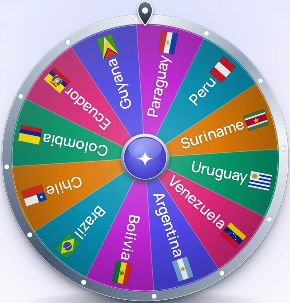 Random country wheel with the 12 countries of South America (Guyana, Paraguay, Peru, Suriname, Uruguay, Venezuela, Argentina, Bolivia, Brazil, Chile, Colombia and Ecuador), each slice showing a flag and the name.
