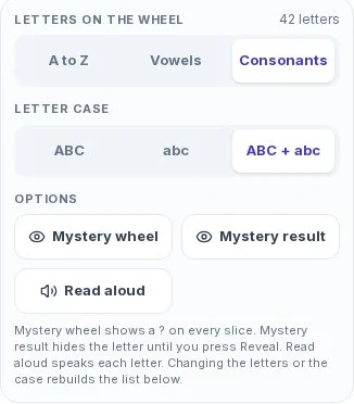 Letter settings panel with the Consonants set and the ABC + abc case selected, the Mystery wheel, Mystery result and Read aloud buttons, and a count of 42 letters.