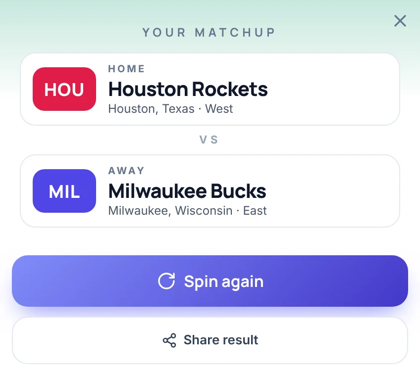 Result card of the random NBA team generator with the heading Your matchup: a rose HOU badge with Home, Houston Rockets, Houston, Texas, West, then VS, then an indigo MIL badge with Away, Milwaukee Bucks, Milwaukee, Wisconsin, East, above the buttons Spin again and Share result.