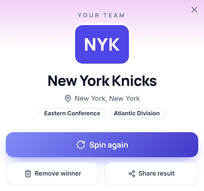 Result card of the random NBA team generator with the heading Your team: a blue badge reading NYK, the name New York Knicks, the home city New York, New York, the labels Eastern Conference and Atlantic Division, and the buttons Spin again, Remove winner and Share result.