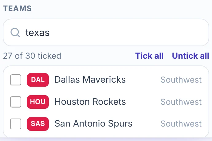 The Teams block of the random NBA team generator with texas typed into the Find a team box, the line 27 of 30 ticked with the links Tick all and Untick all, and three unticked rows: DAL Dallas Mavericks, HOU Houston Rockets and SAS San Antonio Spurs, each with Southwest at the right.