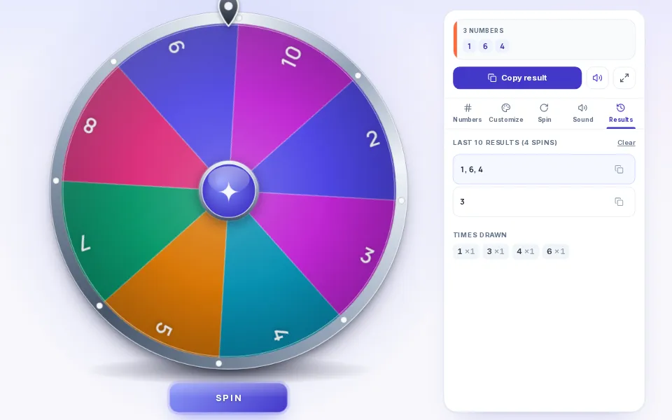 The Results list on ShuffleWheel, with the last results, a Times drawn count and a Clear button