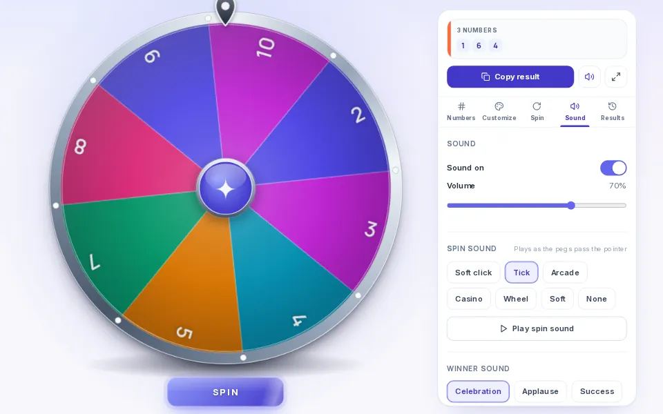 The Sound settings on ShuffleWheel, with Sound on, Volume, Spin sound and Winner sound