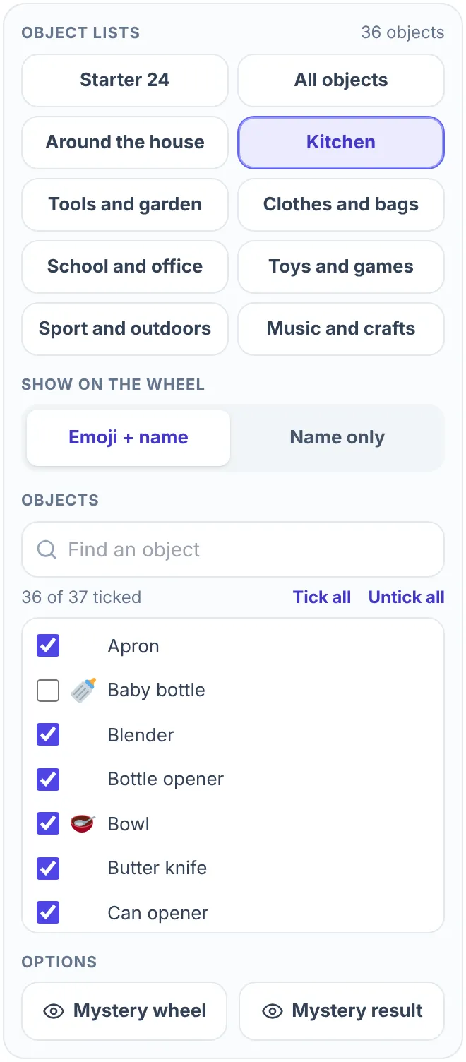 The Object lists block of the random object generator wheel: the buttons Starter 24, All objects, Around the house, Kitchen, Tools and garden, Clothes and bags, School and office, Toys and games, Sport and outdoors and Music and crafts with Kitchen selected and 36 objects, the Show on the wheel choice Emoji + name and Name only, a Find an object search box, a list of kitchen objects with Baby bottle unticked and 36 of 37 ticked, and the Mystery wheel and Mystery result buttons.