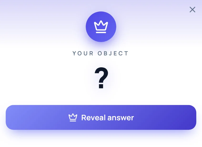 Result card of the random object generator wheel with Mystery result on: the heading Your object, a large question mark where the object would be, and a Reveal answer button.