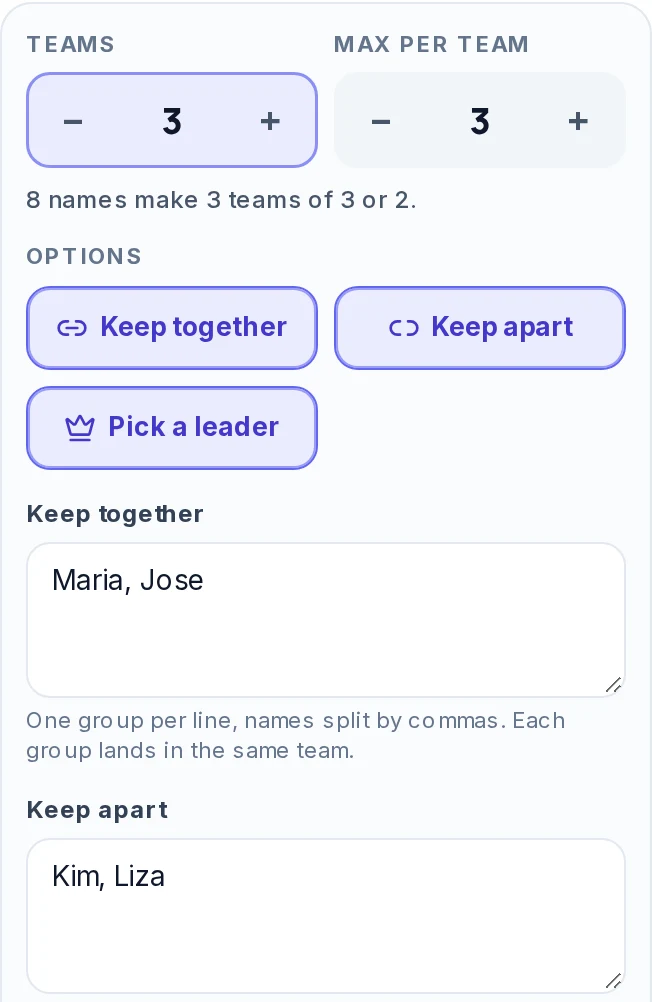 Entries panel of the random team generator with Teams set to 3, Max per team 3, the line "8 names make 3 teams of 3 or 2", Keep together, Keep apart and Pick a leader switched on, "Maria, Jose" in the Keep together box and "Kim, Liza" in the Keep apart box.