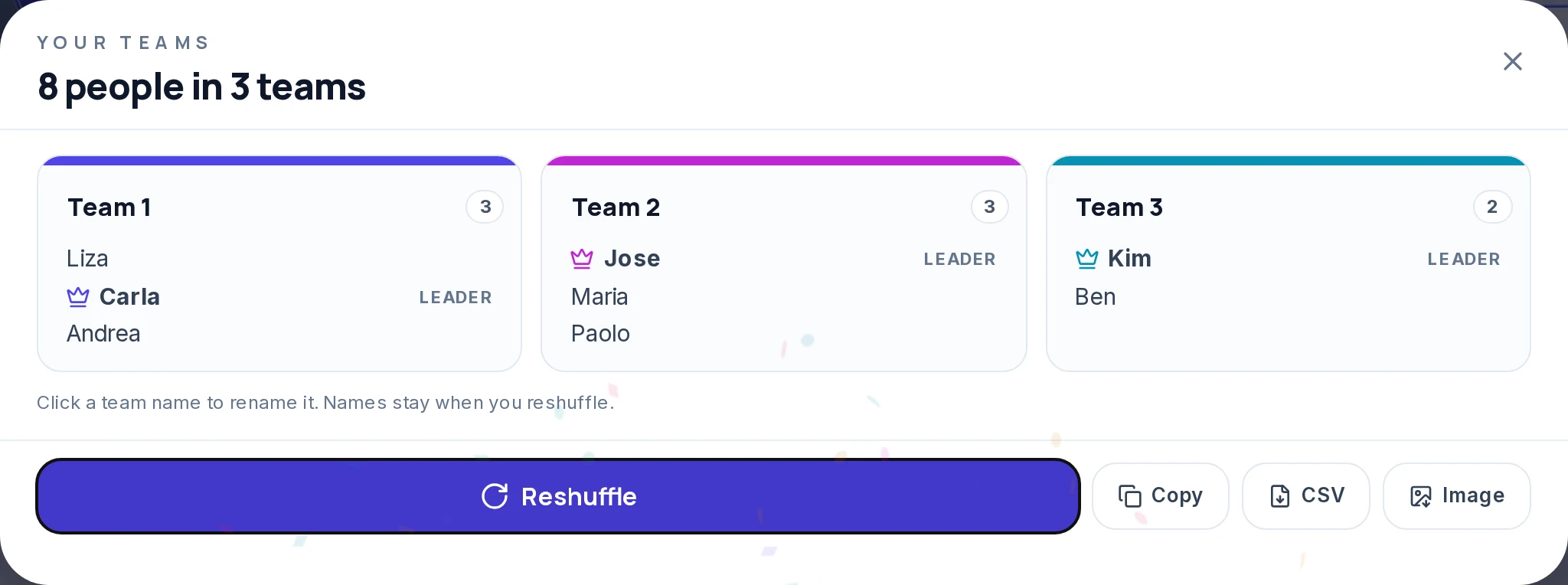Board titled Your teams with the line "8 people in 3 teams", three team cards (Team 1 with 2 people, Team 2 and Team 3 with 3 people each) with one leader marked in each, and the buttons Reshuffle, Copy, CSV and Image.