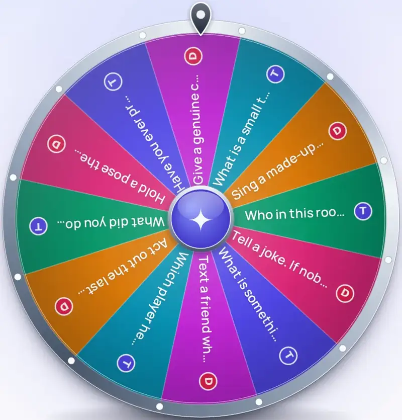 Truth or dare wheel with 12 questions: slices alternate between truths marked T and dares marked D, each showing the first words of its question followed by three dots.