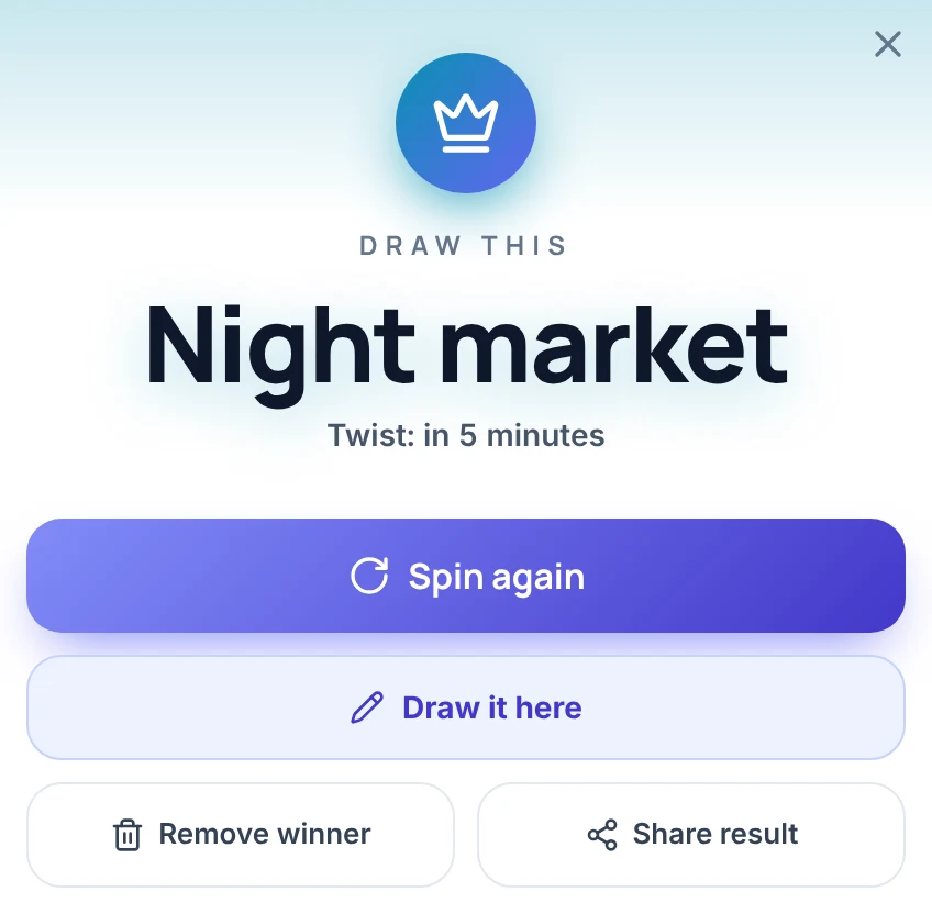Result card of the what to draw wheel: the heading Draw this, the prompt Night market, the line Twist: in 5 minutes, and the buttons Spin again, Draw it here, Remove winner and Share result.