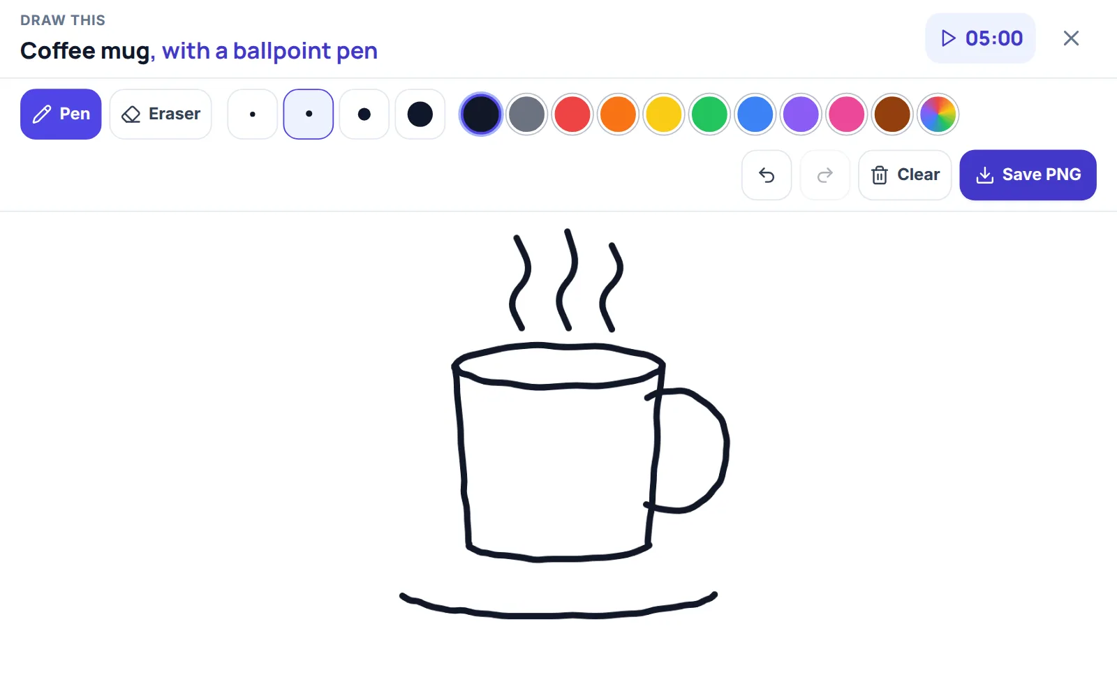 Sketch pad of the what to draw wheel with the header Draw this, Coffee mug, with a ballpoint pen, a 05:00 timer, the Pen and Eraser buttons, four brush sizes, ten colors and a color picker, Undo, Redo, Clear and Save PNG, above a line drawing of a coffee mug with steam and a saucer.