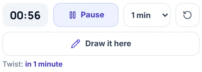 Timer of the what to draw wheel running at 00:56 with a Pause button, a 1 min length menu, a Draw it here button and the line Twist: in 1 minute.