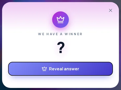 Result card reading "We have a winner" with a large question mark and a Reveal answer button, shown when Mystery result is on.